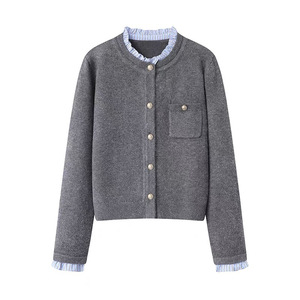 Dalang Women's Knit <b>Cardigan</b> Loose Fit Round Neck Ruffled Splicing Single Breasted Anti Pilling Spring Autumn Style - Product Image 1