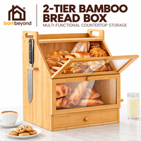 Boîte à pain en bambou à 2 niveaux avec portes magnétiques en acrylique, porte-couteaux et tiroir, grand bac de rangement pour pain de comptoir de cuisine, style ferme