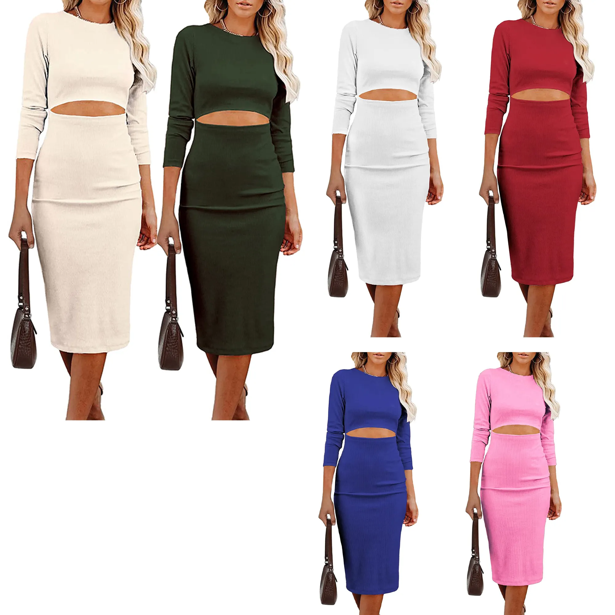 Wholesale Customization European and American Long Sleeve Midi Bodycon Dresses Crewneck Cut Out Solid Color Fitted Pencil Dress