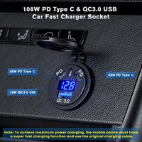 Cargador de Coche Rápido con Voltímetro, Impermeable, 12V/24V, Puerto USB Tipo C de 45W PD y 18W QC3.0 para Barco y Motocicleta
