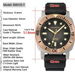 San Martin – montre de plongée rétro en titane pour hommes, 42mm, NH35, automatique, mécanique, lunette en Bronze, saphir lumineux, étanche à 200m - Product Image 6