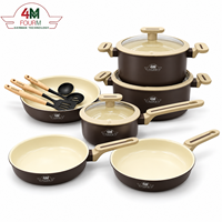 FOURM Ensemble de 12 ustensiles de cuisine antiadhésifs en aluminium avec couvercles en verre, design nordique, compatible four et lave-vaisselle, nouveau design