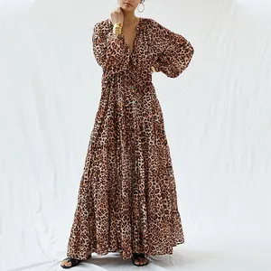Женское леопардовое платье макси со съемным поясом, Осенние повседневные платья, платье с длинным рукавом