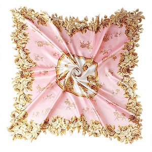 Élégant foulard carré en satin rose et or à motif floral, luxueux, 90 cm, effet soie, pour femmes musulmanes, accessoire de mode. - Product Image 2