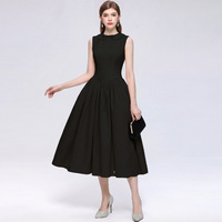 Robe noire de haute qualité pour femmes, style rétro, col Peter Pan, sans manches, coupe trapèze, longueur midi, robe décontractée pour soirée