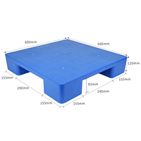 Palette carrée en plastique HDPE bleue personnalisée pour entrepôt, 600*600*120, petite, à face unique, entrée 4 voies, dessus plat