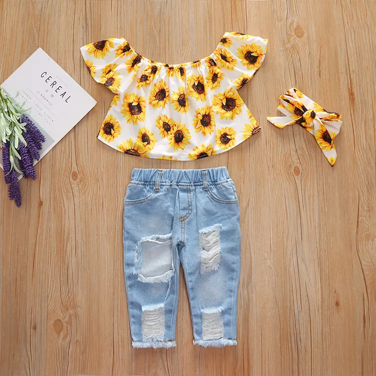 Großhandel Custom Kids Kleidung Set Rüschen Sunflower Top Jeans Hosen Stirnband 3Pcs Mädchen Kleidung Set