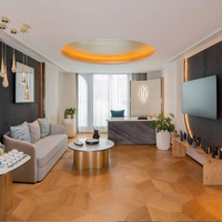 Canapé d'hôtel clé en main pour hall d'entrée, base en laiton, console en bois, table basse, causeuse en tissu doux de qualité commerciale