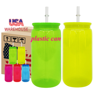 美国仓库定制苏打啤酒罐形状透明果冻亚克力梅森罐可重复使用霓虹色<span class=keywords><strong>16</strong></span>盎司塑料杯，带彩色盖子 - Product Image 1