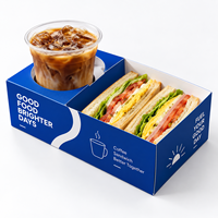 Boîte à lunch, emballage pour pain de petit-déjeuner et desserts, support en papier pour sandwichs, œufs et toasts épais, boîte en papier bleue pour hamburgers et petit-déjeuner avec trou