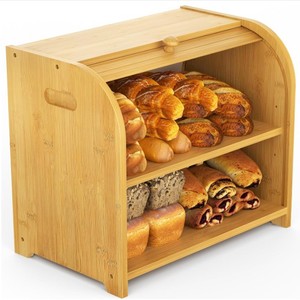 Boîte de rangement à pain en bambou à double couche, pour comptoir de cuisine, avec couvercle anti-poussière, design portable - Product Image 1