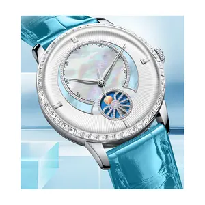 Luxury cow leather strap sun-moon phase diamond waterproof lady's business mechanical watch