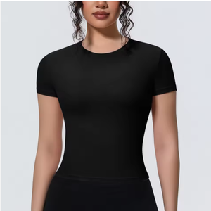 Haut de yoga sans couture à manches courtes et col rond pour femme, couleur unie, rose, en coton et élasthanne, coupe régulière - Product Image 5