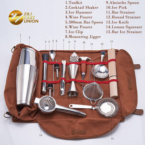 पेशेवर 15 टुकड़ा चांदी बार उपकरण सेट पोर्टेबल बारटेंडर किट बार उपकरण यात्रा बैग और कंधे का पट्टा - Product Image 6