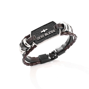 Pulsera Cruzada de Cuero Negro Trenzado con Amuleto de Plata Tibetana 'Dios te Bendiga', Joyería de Regalo - Product Image 4