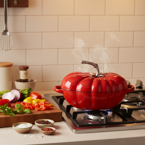 หม้อซุปทรงมะเขือเทศเคลือบสีแดงคุณภาพสูง ความจุขนาดใหญ่ ทำจากเหล็กหล่อ พร้อมฝาปิด ใช้สำหรับอบอาหาร เป็นมิตรกับสิ่งแวดล้อม ไม่ติดกระทะ - Product Image 1