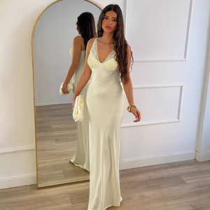 Elegant V-Neck Backless Slip Dress With Lace Trim Sheer Layer Evening Wear - Product Image 3