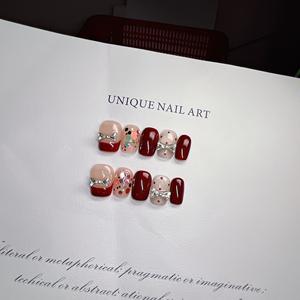 [301] Faux ongles à presser Downton Abbey faits main, rouge bordeaux, style nœud français, luxe léger, parfumé, pour <span class=keywords><strong>mariage</strong></span> - Product Image 3
