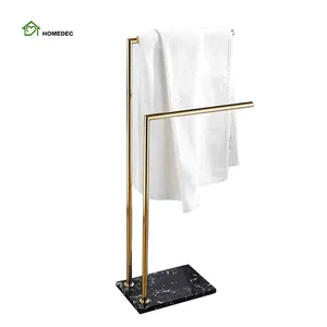 Porte-serviettes debout en acier inoxydable 304 brossé or Porte-serviettes autoportant à 2 niveaux avec base en marbre pour le sol de la salle de bain