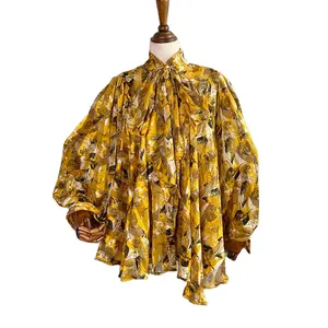 Plus Size Ladies Chiffon Shirt Fashion Yellow Printed Spring Summer Long Puff Sleeve Women's Elegant Blouse