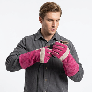 Gants en cuir résistants à la chaleur, 14 pouces, manchette droite, résistance à l'abrasion thermique, gants de sécurité polyvalents, rose - Product Image 6
