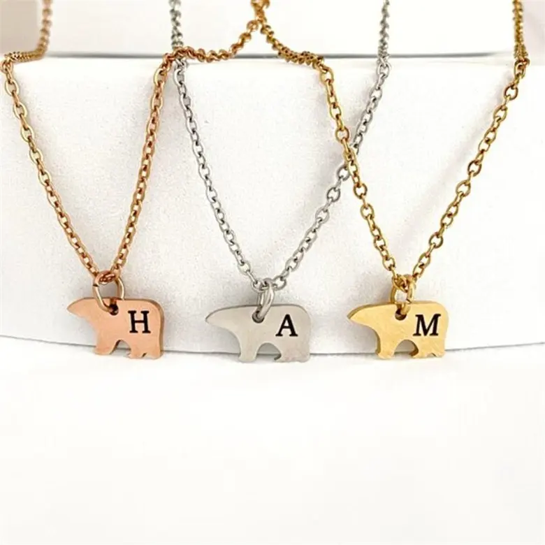 custom name words gold plated animal mama bear pendant necklace stainless steel jewelry Mom Mother's Day Birthday women gift