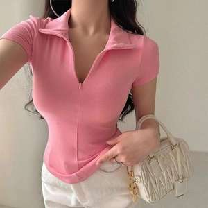 Tengcai vêtements été chaud femmes Sexy décontracté Unique coloré femmes couleur unie Blouse femmes fermeture éclair personnalité T-shirt - Product Image 3