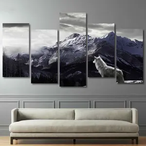 HD Prints Canvas Wall Art Living Room Home Decor Pictures 5 Pieces Snow Mountain Plateau Wolf Paintings Animal Posters