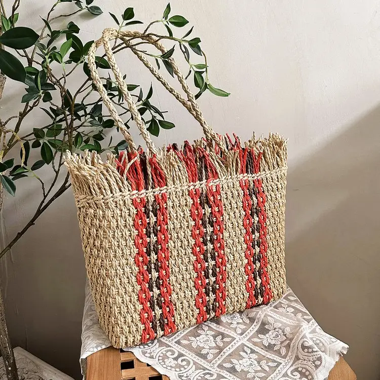 Bãi biển túi mùa hè dệt Totes với Tua Lớn Vai Túi cho phụ nữ rơm ví và túi xách mây tua Boho Túi Raffia