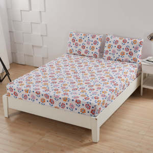 3pcs King Cartoon Printed Striped <strong>Floral</strong> Leaves <strong>Fitted</strong> Bed <strong>Sheet</strong> 100% Cotton 200TC Home Use - Product Image 1