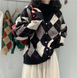 Cardigan en tricot losange <span class=keywords><strong>vintage</strong></span> européen et américain style décontracté pour femmes vêtements de printemps/automne - Product Image 1