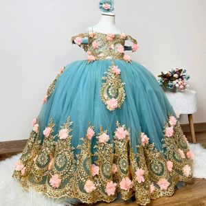 Vestidos de Niña de las Flores Azules Personalizados para Bodas, Apliques Dorados, Tul con Rosas, Precioso Vestido de Princesa para Primera Comunión, Baile de Gala - Product Image 1