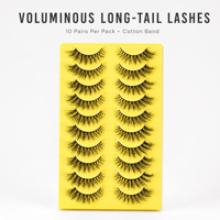 Nouvelles extensions de cils synthétiques volumineuses à longue queue, base jaune, bande en coton, 10 paires par paquet