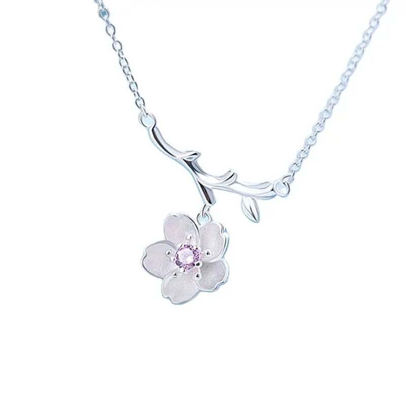 Colgante de plata de ley 100% para mujer, joyería romántica con flor de circonita sakura, rama de oliva, collares