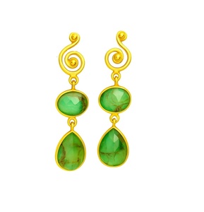 Pendientes chapados en oro con piedra doble de turquesa y cobre verde – Elegantes pendientes bohemios para mujeres y niñas, joyería de moda étnica - Product Image 1