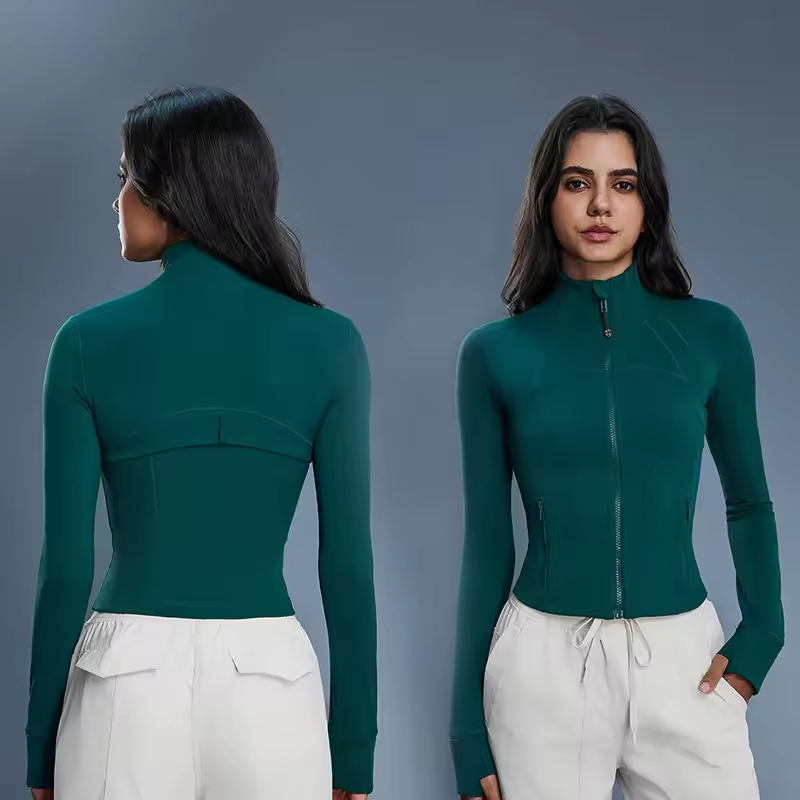 Breathable Eco-Friendly Quick Dry Spandex/Nylon Short Standing Collar Long Sleeve Zipper Yoga Jacket Slim-fit Fitness Top