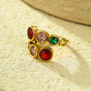 Anillos Abiertos de Circonita Redonda Colorida con Personalidad, Anillo de Compromiso y <span class=keywords><strong>Boda</strong></span> de Acero Inoxidable Chapado en Oro para Mujer - Product Image 5