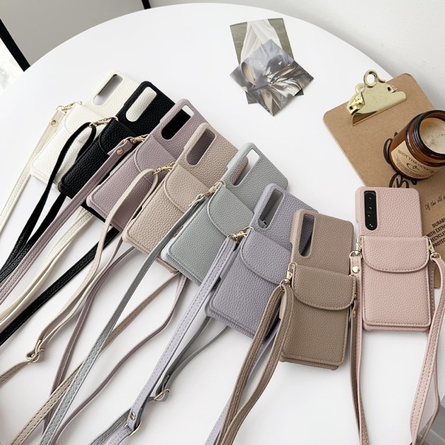 Card Holder Phone Cases for Sony Xperia PU Leather Material with Cross Body Strap