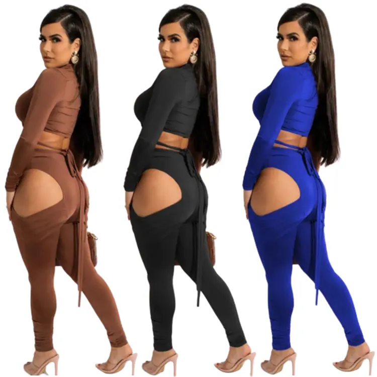Wholesale Outfits Women Two Piece Set Solid Hollow Out Fall Clothes Sexy Bandage Crop Top Cut Out Pants Matching Set
