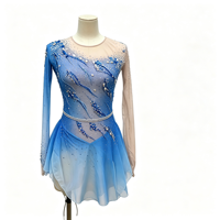 Robe de patinage et de danse pour enfants et adultes, dégradé bleu et blanc, maille à manches longues, jupe superposée avec strass, pour compétition et spectacle de patinage sur glace