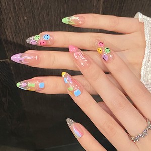 Color Pop Parade Ongles en acrylique en forme d'amande, esthétique rétro Y2K, style coréen, Bubblegum Kawaii Fashion, rose néon, bleu ciel, vert <span class=keywords><strong>lime</strong></span> - Product Image 3