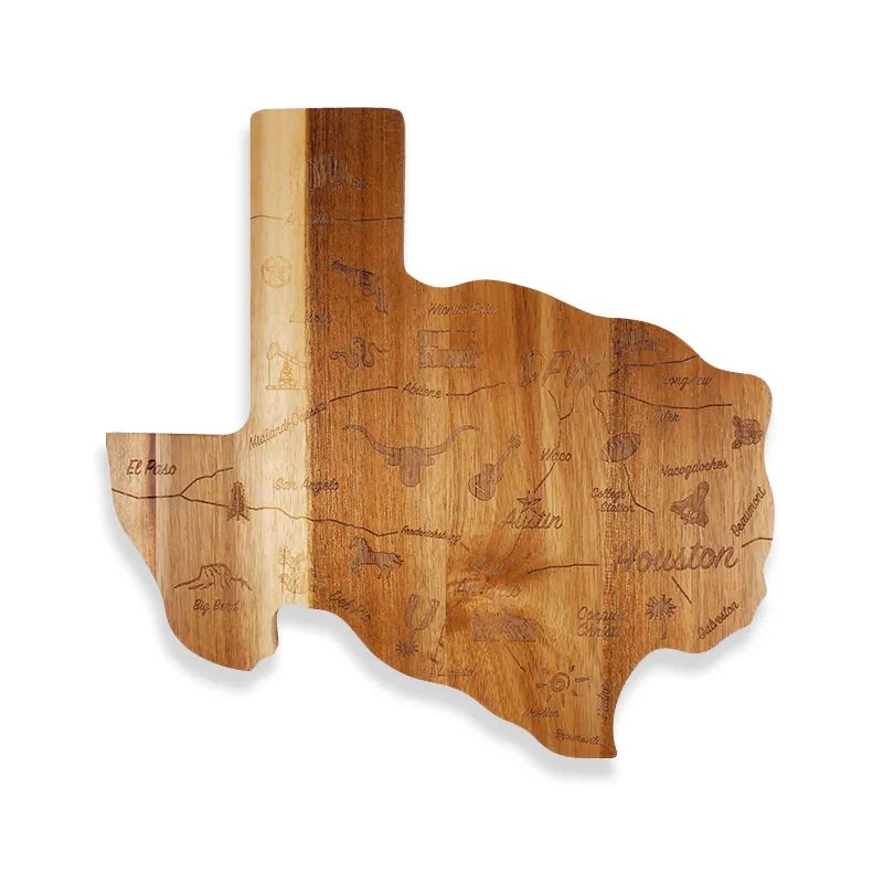 Texas State Map Form Bambus Akazien holz Hersteller Natural Laser Custom ized Logo Blocks Schneide brett