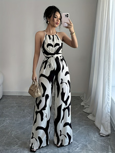 Combinaison pantalon large à imprimé motif laitier <span class=keywords><strong>noir</strong></span> et blanc, coupe ajustée, amincissante à la taille, style streetwear pour femme, été 2026 - Product Image 1
