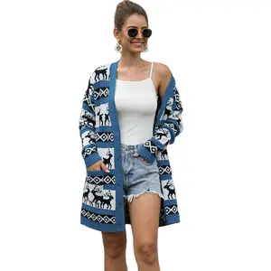 2022 Custom Girls Knitted Sweater Long Sleeve Button Down Women Christmas Cardigan Sweater