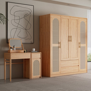 Solid Wood Wardrobe 1745x600x2100mm Four Door Hinged Large Capacity Bedroom <b>Storage</b> Cabinet With <b>Dressing</b> <b>Table</b> Set - Product Image 1