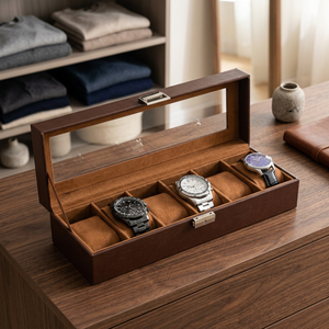 Caja de reloj rectangular de madera con 6 ranuras, interior de gamuza sintética, cierre a presión, estuche protector de almacenamiento para hombres y mujeres - Product Image 2