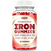 Gummies de fer OEM avec folate, vitamines C, B12, B6 et zinc, saveur fraise, 60 gummies, complément alimentaire