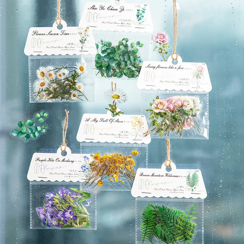 يوكسيان PET ملصقات الزهور النمط الجديد الواقعي للزهرة النبات قصاصات ديي مادة مقاومة للماء الاصطناعي انس حقيبة ملصقات الزهور