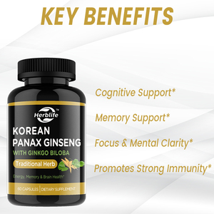 Cápsulas de Panax Ginseng coreanas OEM de etiqueta privada con suplementos de extracto de Ginko Biloba Soporte de energía, memoria y salud cerebral - Product Image 3