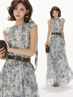 Anpassbares Kleid mit norwegischem Wald-Print aus Chiffon, ärmellos, mit Stehkragen, Trägern, Plissee, hoher Taille, elegant, lang, Vintage-Stil B32